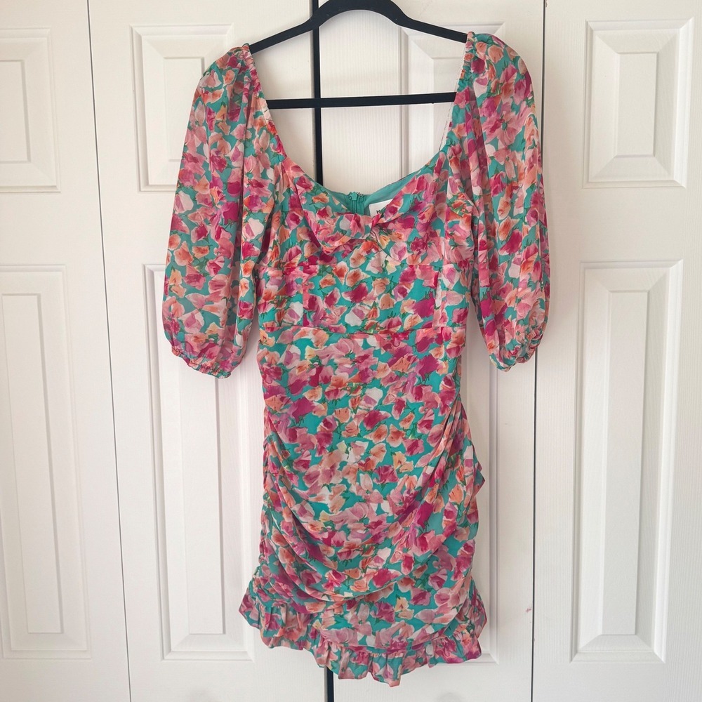 Hello Molly Teal Pink Floral Ruched Puff Sleeve Mini Dress Size 6 US 10 AU